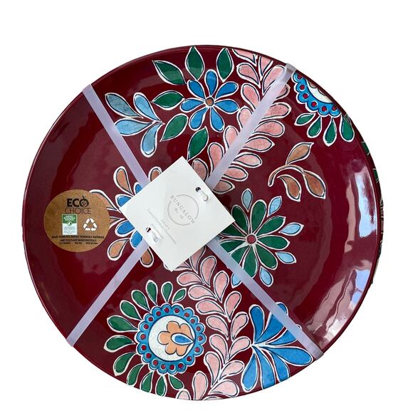 BUNGALOW Set of 4 Melamine 11" Dinner Plates Burgundy Multi Colored Floral NEW - Picture 9 of 10